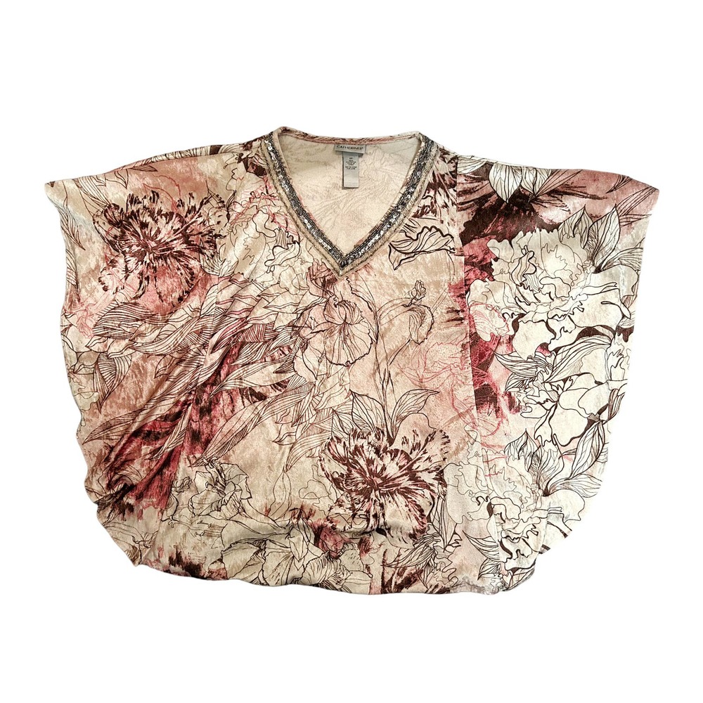 🛍️ Catherines Pink Floral Velvet Poncho Blouse Womens Size 1X